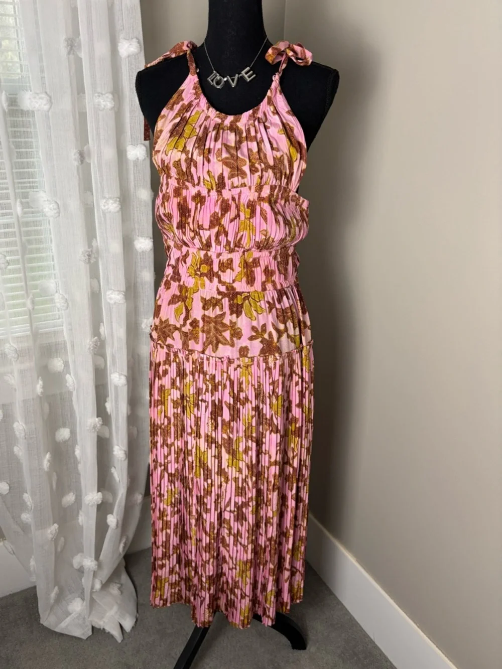 Ulla Johnson Amalthea 100% Silk Pink and Brown‎ Floral Pleated Midi Dress Size 4